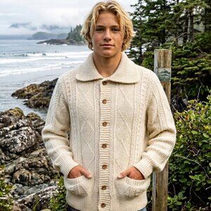 Jantzen Cream Cable-Knit Button Cardigan Sweater for Men